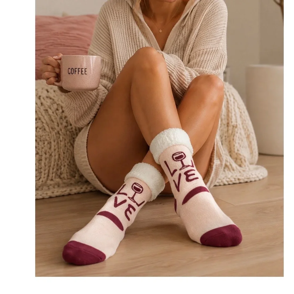 LeGale Pink Wine Glass Love Sherpa Lined Slipper Socks Non-Slip Grippers